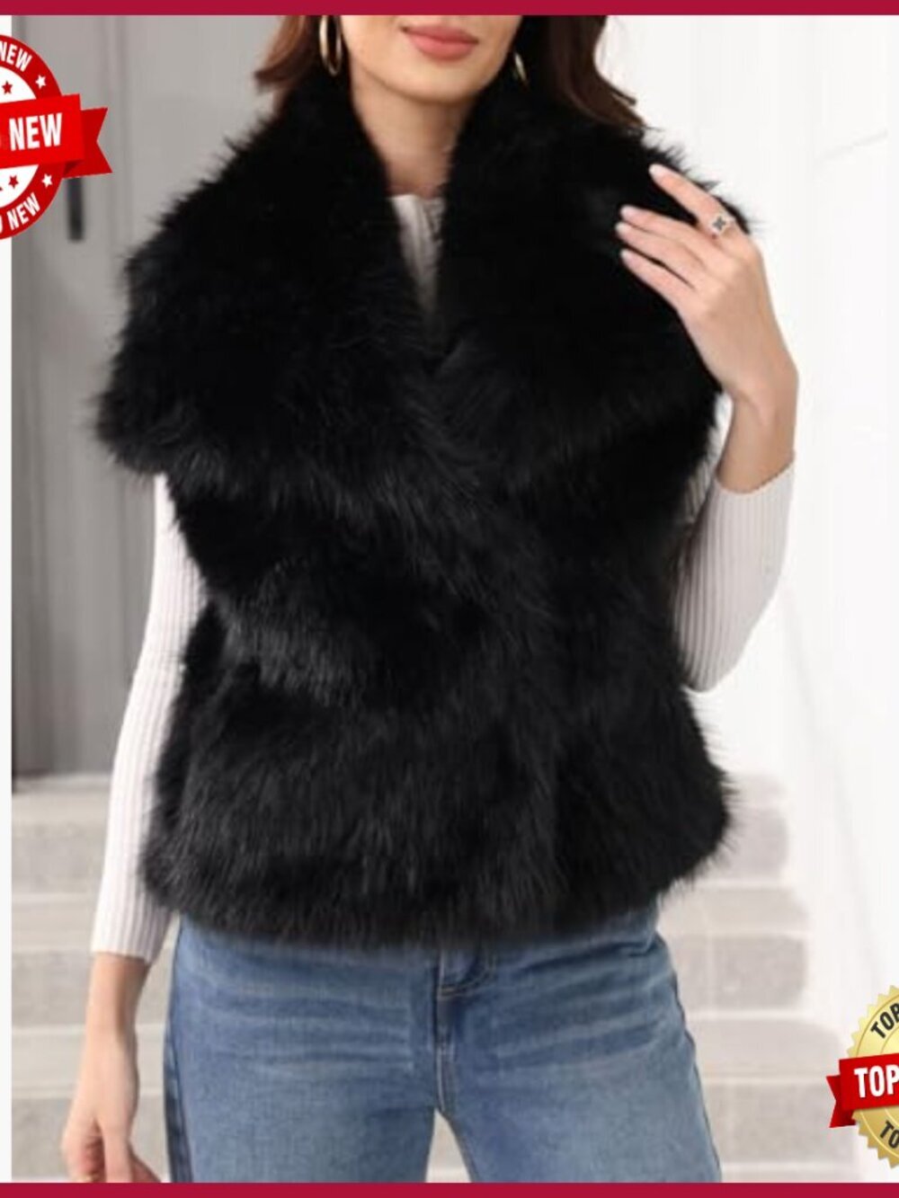 Faux Fur Vest Sleeveless Fuzzy Jacket Shaggy Winter Coat with Pockets - Picture 3 of 6